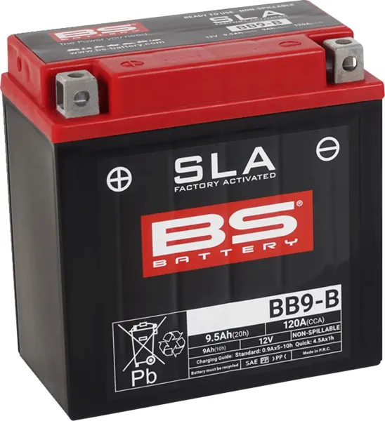 Sla Factory-Activated Agm Maintenance-Free Batteries – YB9-B; Capacity AH (10-HR): 9; Capacity AH (20-HR): 9,5; Cca (-18 °C): 115; Length (MM): 135; Width (MM): 75; Height (MM): 139; Approx. Weight (KG): 3,10; Terminal Configuration: + -