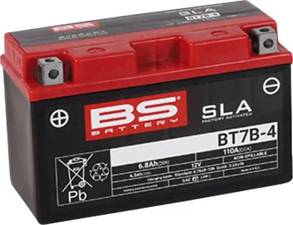Sla Factory-Activated Agm Maintenance-Free Batteries – YT7B-4; Capacity AH (10-HR): 6,5; Capacity AH (20-HR): 6,8; Cca (-18 °C): 110; Length (MM): 150; Width (MM): 65; Height (MM): 93; Approx. Weight (KG.): 2,42; Terminal Configuration: + -