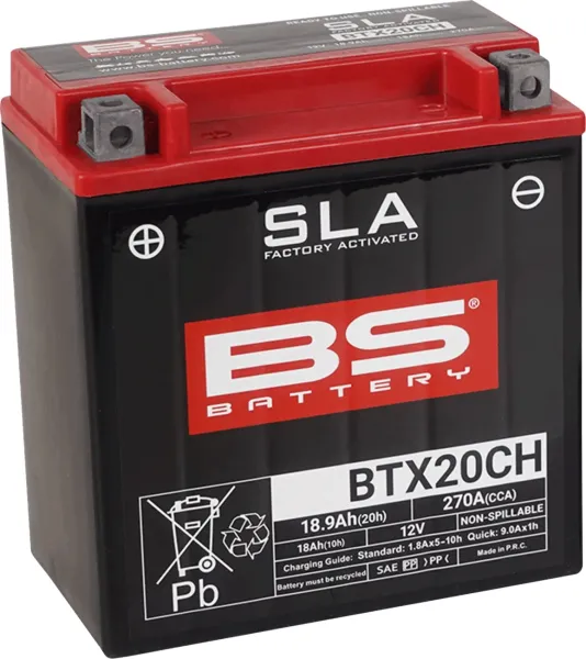 Sla Factory-Activated Agm Maintenance-Free Batteries – YTX20CH; Capacity AH (10-HR): 18; Capacity AH (20-HR): 18,9; Cca (-18 °C): 270; Length (MM): 150; Width (MM): 87; Height (MM): 161; Approx. Weight (KG): 5,64; Terminal Configuration: + -