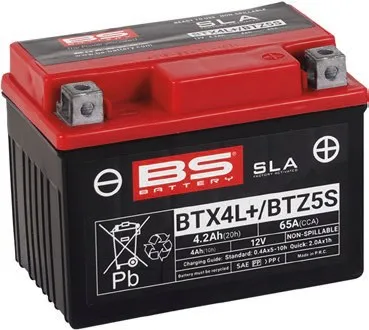 Sla Factory-Activated Agm Maintenance-Free Batteries – YTX4L+; Capacity AH (10-HR): 4; Capacity AH (20-HR): 4,2; Cca (-18 °C): 50; Length (MM): 113; Width (MM): 70; Height (MM): 85; Approx. Weight (KG.): 1,44; Terminal Configuration: - +
