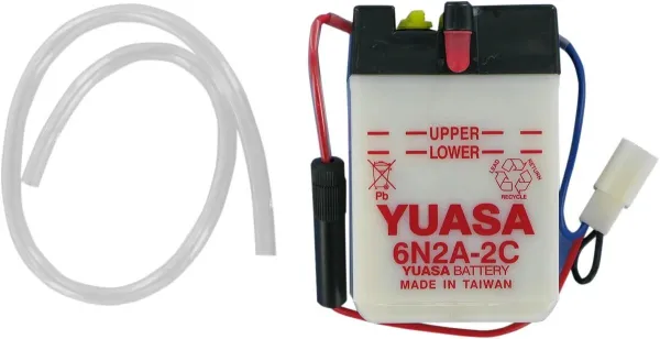 Batteries – 6N2A-2C; Capacity AH (10-HR): 2; Regular Charge Current (Amp): 0,2; Length: 70 mm (2 / ”); Width: 48 mm (1 / ”); Height: 106 mm (4 / ”); Approx. Weight w/o Acid: 454 g (1 lbs); Terminal Configuration: + -