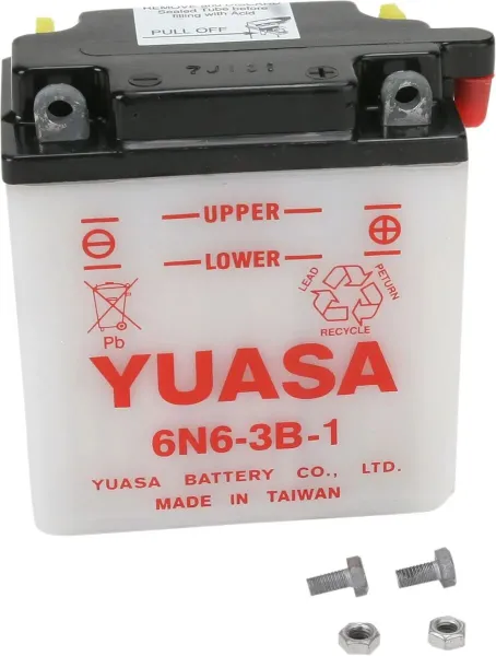 Batteries – 6N6-3B-1 (does not include a vent tube); Capacity AH (10-HR): 6; Regular Charge Current (Amp): 0,6; Length: 98 mm (3 / ”); Width: 57 mm (2 / ”); Height: 111 mm (4 / ”); Approx. Weight w/o Acid: 0,9 kg (2 lbs); Terminal Configuration: - +