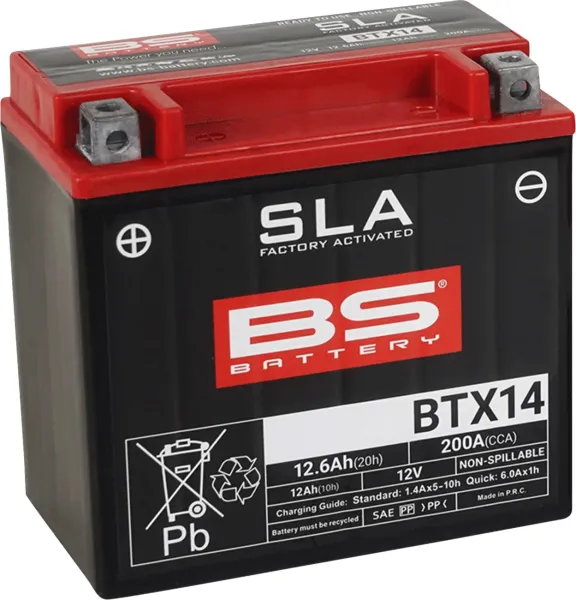 Sla Factory-Activated Agm Maintenance-Free Batteries – YTX14; Capacity AH (10-HR): 12; Capacity AH (20-HR): 12,6; Cca (-18 °C): 200; Length (MM): 150; Width (MM): 87; Height (MM): 145; Approx. Weight (KG.): 4,36; Terminal Configuration: + -