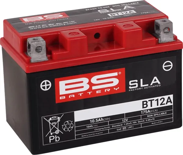 Sla Factory-Activated Agm Maintenance-Free Batteries – YT12A; Capacity AH (10-HR): 10; Capacity AH (20-HR): 10,5; Cca (-18 °C): 175; Length (MM): 150; Width (MM): 88; Height (MM): 105; Approx. Weight (KG): 3,40; Terminal Configuration: + -