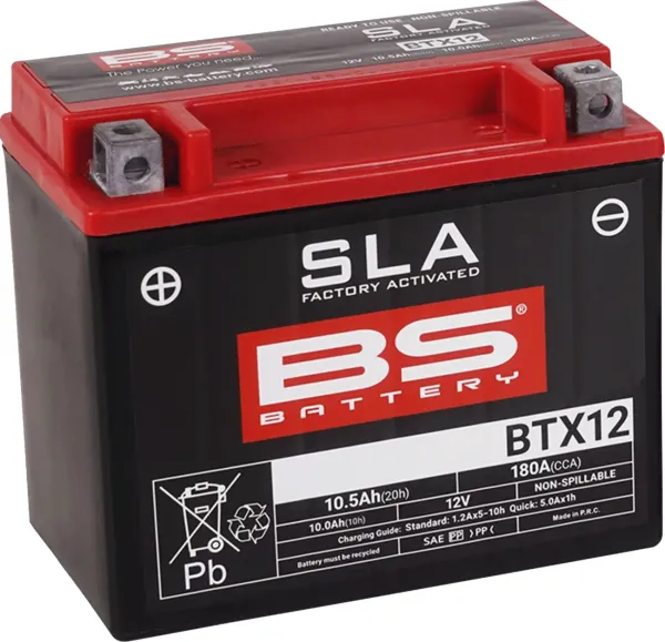 Sla Factory-Activated Agm Maintenance-Free Batteries – YTX12; Capacity AH (10-HR): 10; Capacity AH (20-HR): 10,5; Cca (-18 °C): 180; Length (MM): 150; Width (MM): 87; Height (MM): 130; Approx. Weight (KG.): 3,99; Terminal Configuration: + -