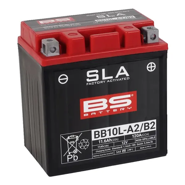 Sla Factory-Activated Agm Maintenance-Free Batteries – YB10L-B2; Capacity AH (10-HR): 11; Capacity AH (20-HR): 11,6; Cca (-18 °C): 130; Length (MM): 134; Width (MM): 89; Height (MM): 145; Approx. Weight (KG): 4,10; Terminal Configuration: - +