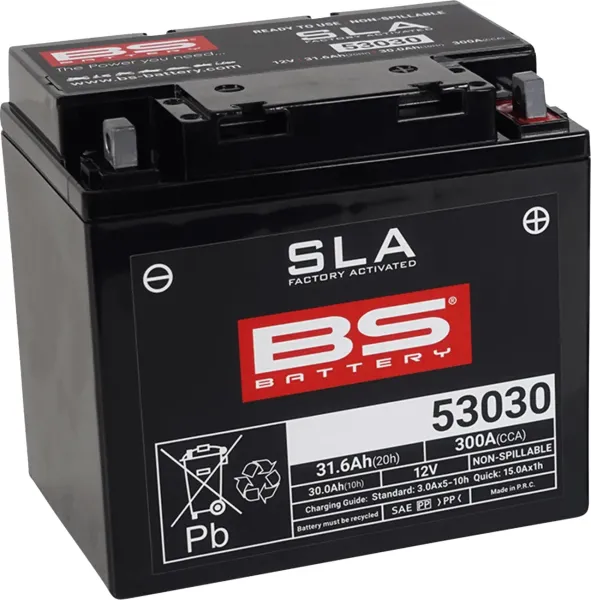 Sla Factory-Activated Agm Maintenance-Free Batteries – 53030; Capacity AH (10-HR): 30; Capacity AH (20-HR): 31,6; Cca (-18 °C): 280; Length (MM): 186; Width (MM): 130; Height (MM): 171; Approx. Weight (KG.): 8,52; Terminal Configuration: - +