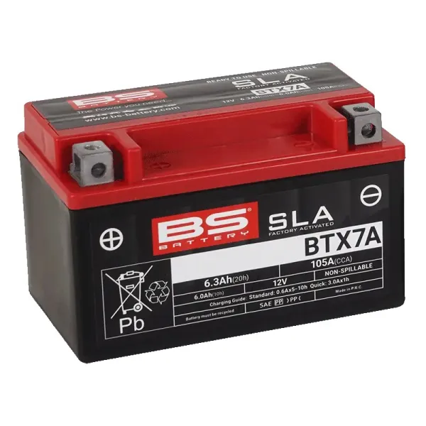 Sla Factory-Activated Agm Maintenance-Free Batteries – YTX7A; Capacity AH (10-HR): 6; Capacity AH (20-HR): 6,3; Cca (-18 °C): 105; Length (MM): 150; Width (MM): 87; Height (MM): 93; Approx. Weight (KG.): 2,52; Terminal Configuration: + -