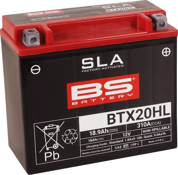 Sla Factory-Activated Agm Maintenance-Free Batteries – YTX20HL; Capacity AH (10-HR): 18; Capacity AH (20-HR): 18,9; Cca (-18 °C): 310; Length (MM): 175; Width (MM): 87; Height (MM): 155; Approx. Weight (KG): 6,04; Terminal Configuration: - +