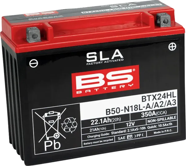 Sla Factory-Activated Agm Maintenance-Free Batteries – YTX24HL; Capacity AH (10-HR): 21; Capacity AH (20-HR): 22,1; Cca (-18 °C): 350; Length (MM): 205; Width (MM): 87; Height (MM): 162; Approx. Weight (KG.): 7,00; Terminal Configuration: - +
