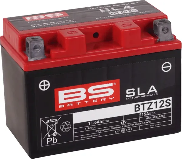 Sla Factory-Activated Agm Maintenance-Free Batteries – YTZ12S; Capacity AH (10-HR): 11; Capacity AH (20-HR): 11,6; Cca (-18 °C): 215; Length (MM): 150; Width (MM): 88; Height (MM): 110; Approx. Weight (KG.): 4,02; Terminal Configuration: + -