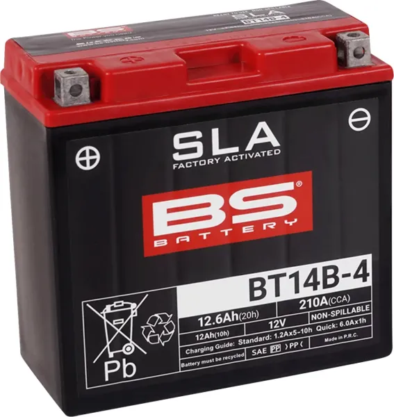 Sla Factory-Activated Agm Maintenance-Free Batteries – YT14B-4; Capacity AH (10-HR): 12; Capacity AH (20-HR): 12,6; Cca (-18 °C): 210; Length (MM): 150; Width (MM): 69; Height (MM): 145; Approx. Weight (KG): 4,16; Terminal Configuration: + -