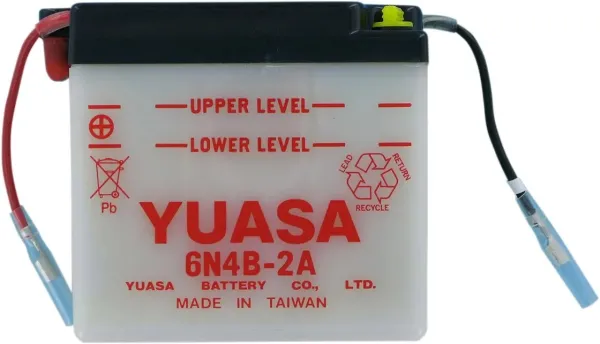 Batteries – 6N4B-2A (does not include a vent tube); Capacity AH (10-HR): 4; Regular Charge Current (Amp): 0,4; Length: 102 mm (4”); Width: 48 mm (1 / ”); Height: 95 mm (3 / ”); Approx. Weight w/o Acid: 0,8 kg (1,7 lbs); Terminal Configuration: + -