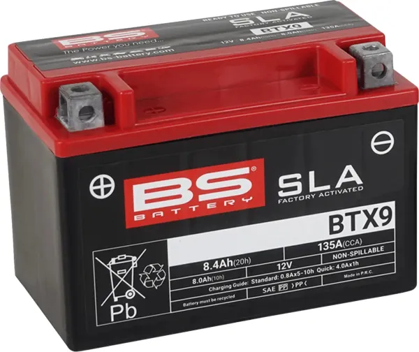 Sla Factory-Activated Agm Maintenance-Free Batteries – YTX9; Capacity AH (10-HR): 8; Capacity AH (20-HR): 8,4; Cca (-18 °C): 135; Length (MM): 150; Width (MM): 87; Height (MM): 105; Approx. Weight (KG.): 3,06; Terminal Configuration: + -