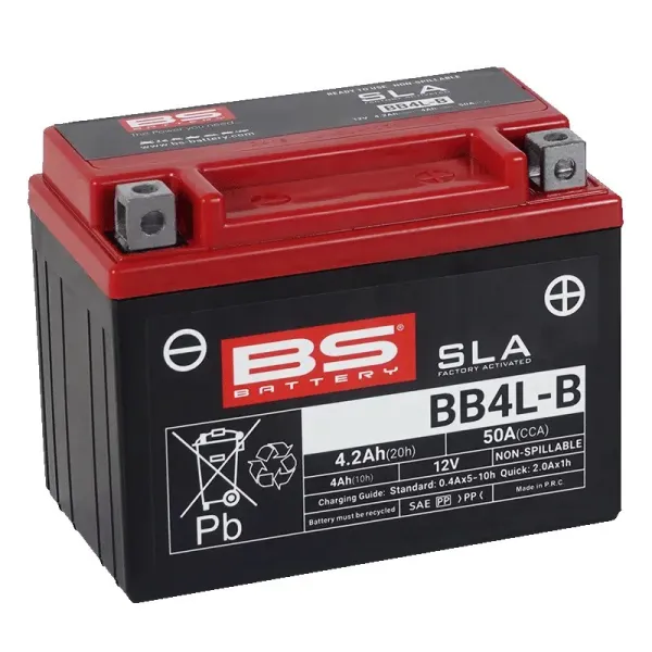 Sla Factory-Activated Agm Maintenance-Free Batteries – YB4L-B; Capacity AH (10-HR): 4; Capacity AH (20-HR): 4,2; Cca (-18 °C): 50; Length (MM): 120; Width (MM): 70; Height (MM): 92; Approx. Weight (KG): 1,58; Terminal Configuration: - +