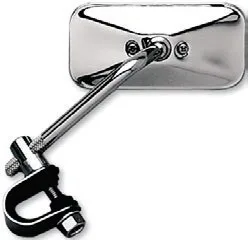 Universal Clamp-On Mirrors – RECTANGULAR - Classic chrome for 22 mm handlebars ( / ”); GLASS SIZE: 51 mm x 11,5 cm (2” x 4,5”); STEM LENGTH: 12,5 cm (5”)