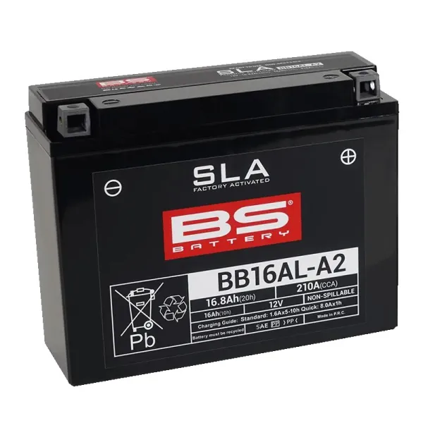 Sla Factory-Activated Agm Maintenance-Free Batteries – YB16AL-A2; Capacity AH (10-HR): 16; Capacity AH (20-HR): 16,8; Cca (-18 °C): 210; Length (MM): 207; Width (MM): 71,5; Height (MM): 164; Approx. Weight (KG): 5,79; Terminal Configuration: - +